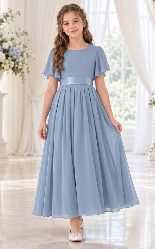 Simple Modest Ankle-length Steel Blue Jewel Neck Short Bell Sleeve Pleated Chiffon Flowergirl Dress