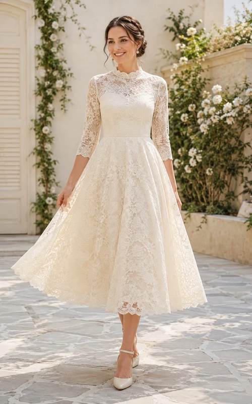 Modest Vintage Three-Quarter Lace Sleeve High Neck Tea-Length A-Line Simple Wedding Dress