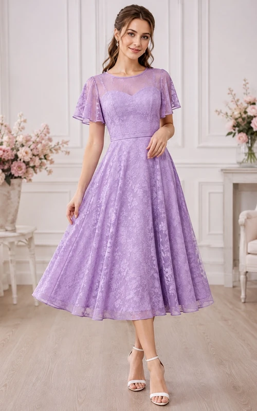 Teelanges, kurzärmeliges, lavendelfarbenes Spitzenkleid in A-Linie, elegant und formell