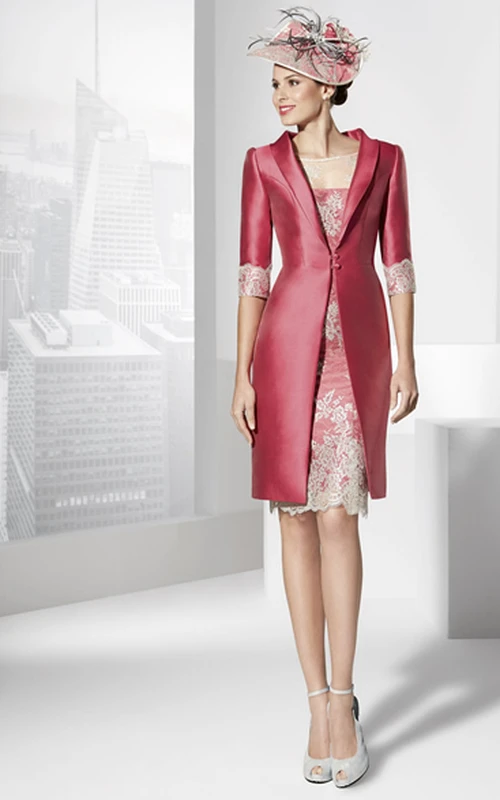 Halbarmiges, appliziertes Satin-Abendkleid in Knielänge mit passender Jacke