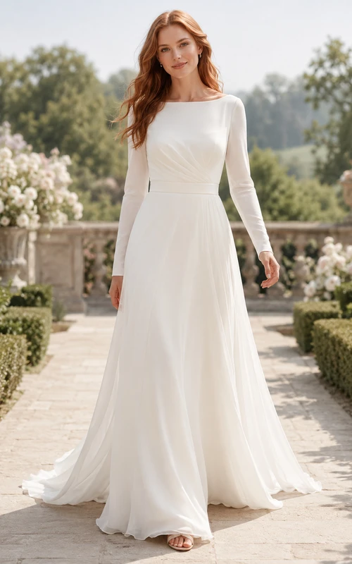 Minimalist Chiffon Wedding Dress A-Line Bateau Neck Long Sleeve Sweep Train Bridal Gown