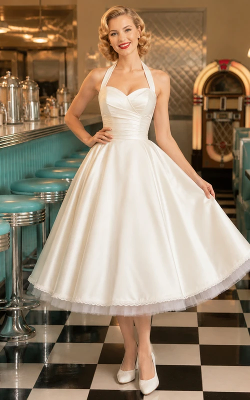 Halter Sweetheart Satin Tea Length Rockabilly Bridal Dress