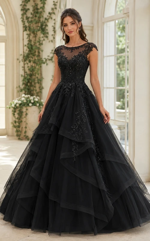 Black Cap Sleeve Luxury Tulle Tiered Ball Gown Floor Length Dress