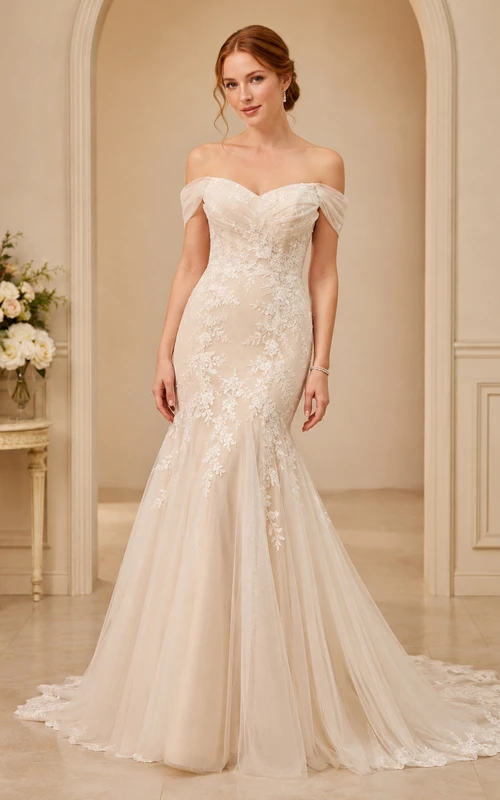 Lace Tulle Wedding Dress Mermaid Off Shoulder Sweep Train Bridal Gown