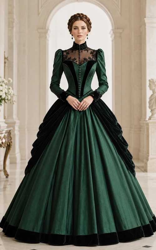 Dark Green Victorian Illusion Long Sleeve Lace Ball Gown Dress