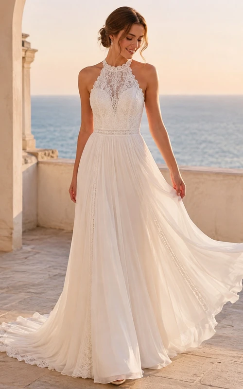 Vestido de novia de corte A con encaje floral y escote halter, cola larga