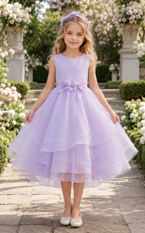 Robe de demoiselle d'honneur en organza lilas sans manches à volants, longueur thé, à fleurs et taille haute.