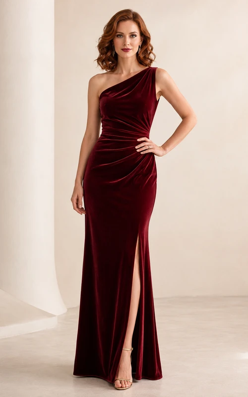 Robe de soirée bordeaux asymétrique en velours fendue