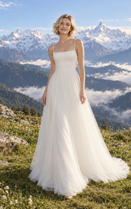 Vestido de novia sencillo de tul con escote cuadrado y tirantes finos, corte en A