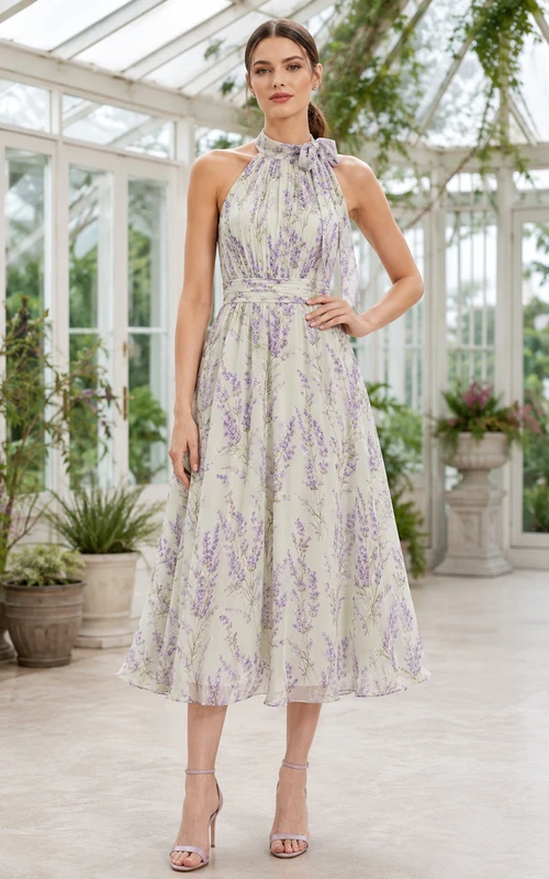 Lavender Field Print Halter Neck Garden Midi Dress