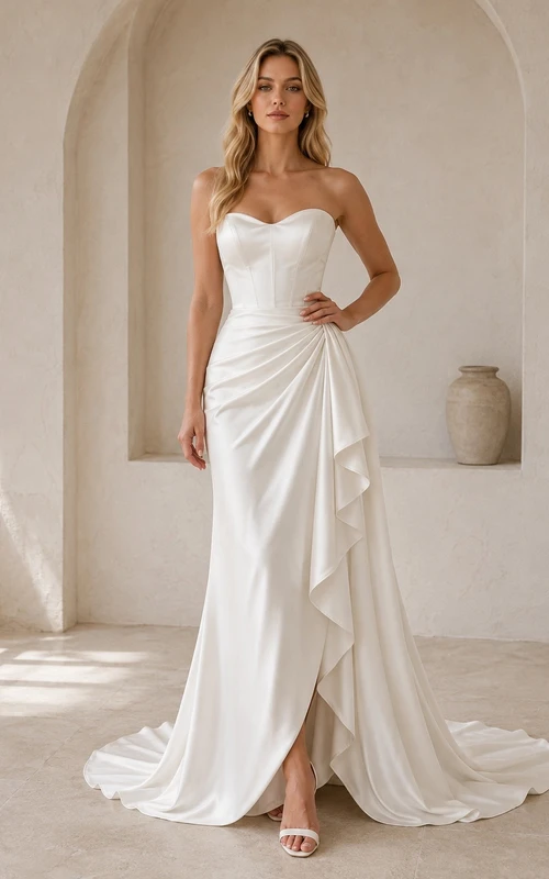 Vestido de novia sencillo, largo hasta el suelo, sin mangas, para ceremonia formal, con escote corazón y corte sirena/trompeta.