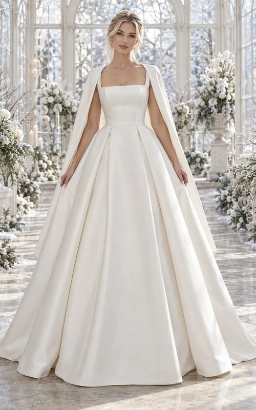 Vestido de novia sencillo de satén con cuello cuadrado, sin mangas y plisado tipo caja, estilo princesa.