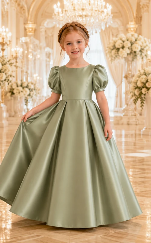 A-Line Flowergirl Satin Floor-Length Puff Sleeve Sage Formal Ballroom Wedding Gown