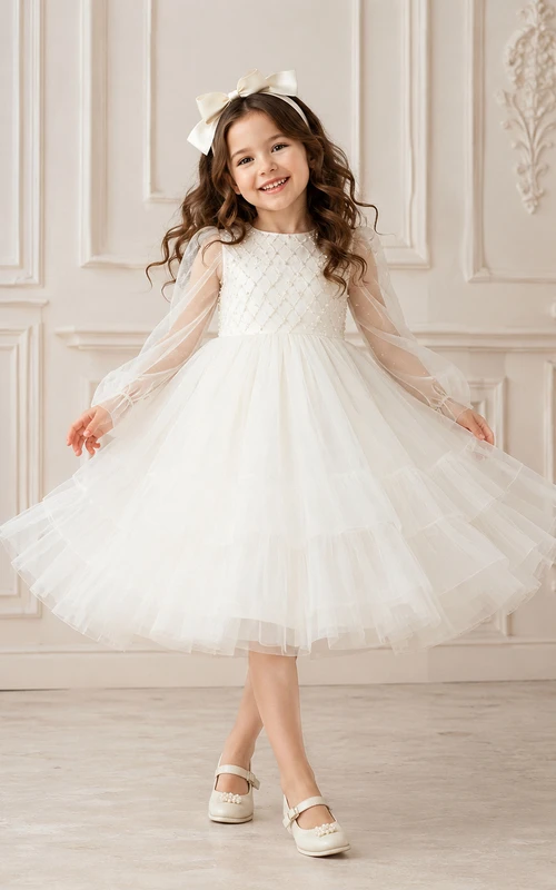 Vestido de niña de flores de manga larga, encaje de tul, corte en A, cuello joya y falda hasta la rodilla.