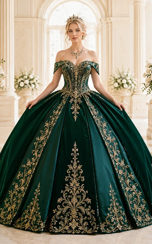 Vestido de quinceañera verde oscuro con hombros descubiertos y bordado dorado