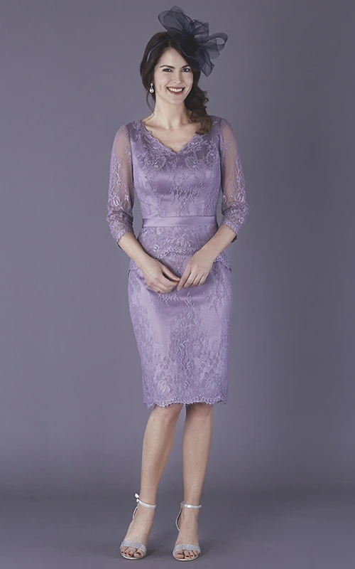 Robe crayon satinée à manches illusion 3/4, longueur genou, pour la mère de la mariée