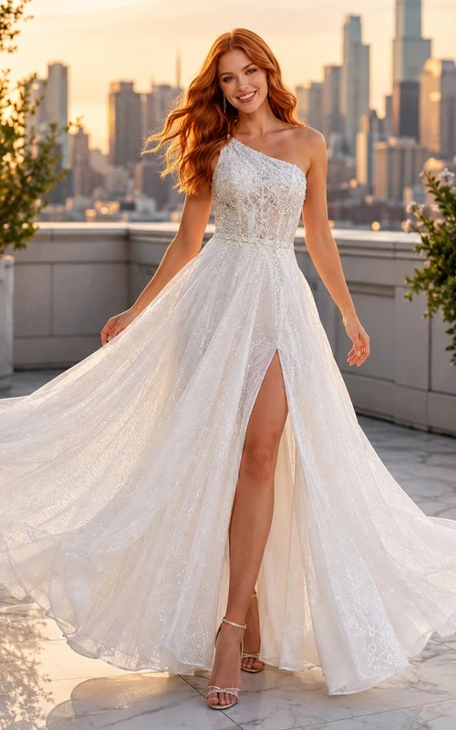 Robe de bal longue en mousseline blanche pailletée, bretelles spaghetti, coupe trapèze, col en V et fente, longueur au sol
