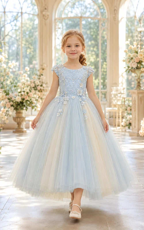 Flower Girl Dress Sky Blue Lace Tulle A-Line Jewel Neck Tea Length