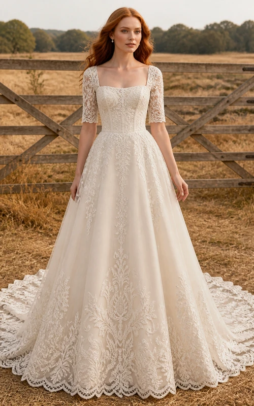 Vestido de novia modesto de corte A con mangas tres cuartos, escote cuadrado, encaje de vid y cola catedral.