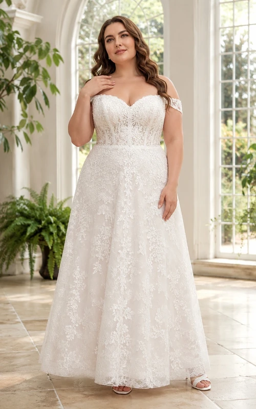 Plus-Size Spitzen-Brautkleid in A-Linie mit schulterfreiem Herzausschnitt und romantischem Vintage-Schnitt, knöchellang