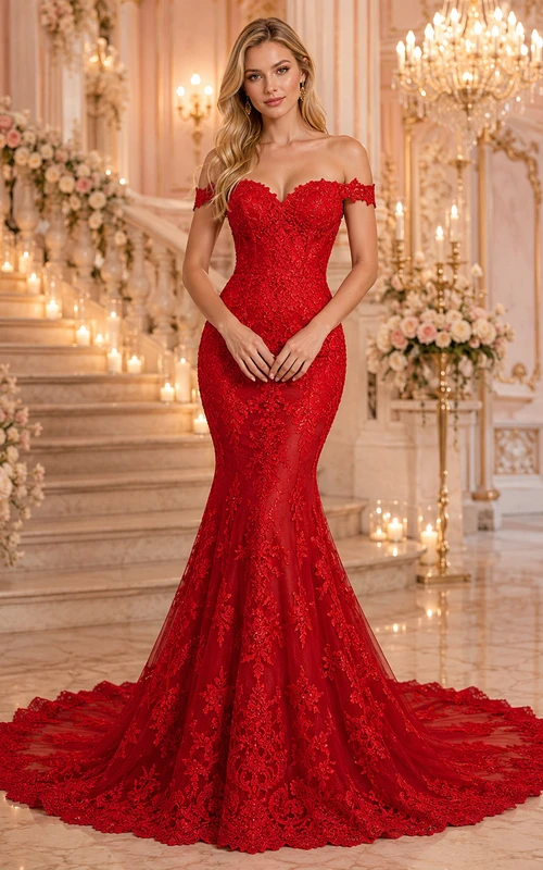Vestido de novia de sirena de encaje rojo con escote corazón y hombros descubiertos