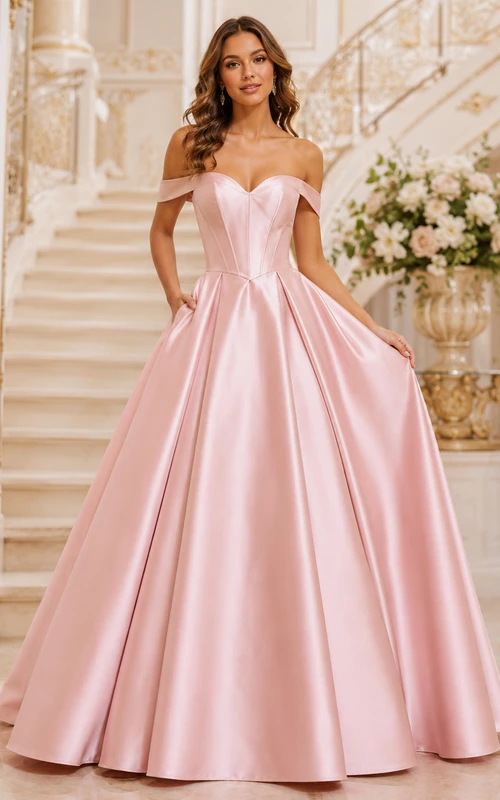 Blushing Pink Simple Off Shoulder Sweetheart Satin Princess Sweet Sixteen Formal Ball Gown