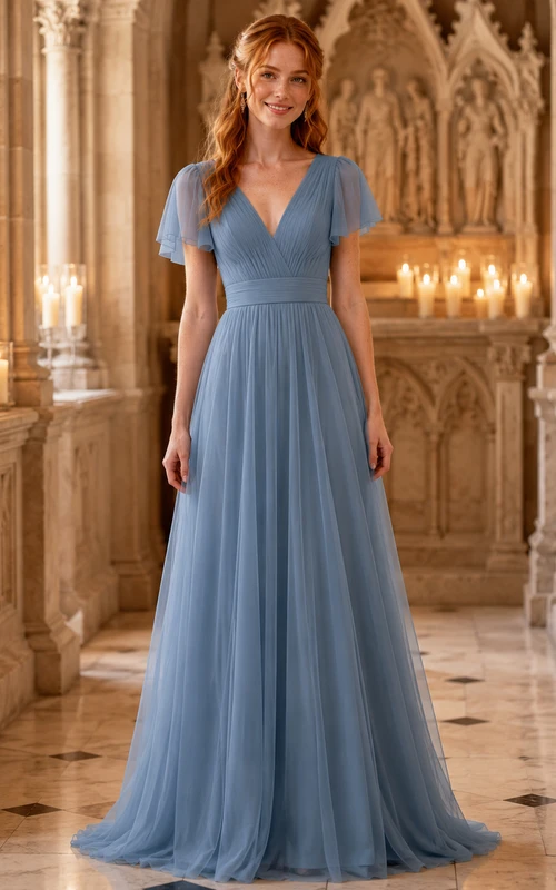 Cathedral Ceremony Formal Steel Blue Romantic Elegant A-Line Chiffon Bridesmaid Dress with V-Neck Short Sleeve Floor-Length Low Back