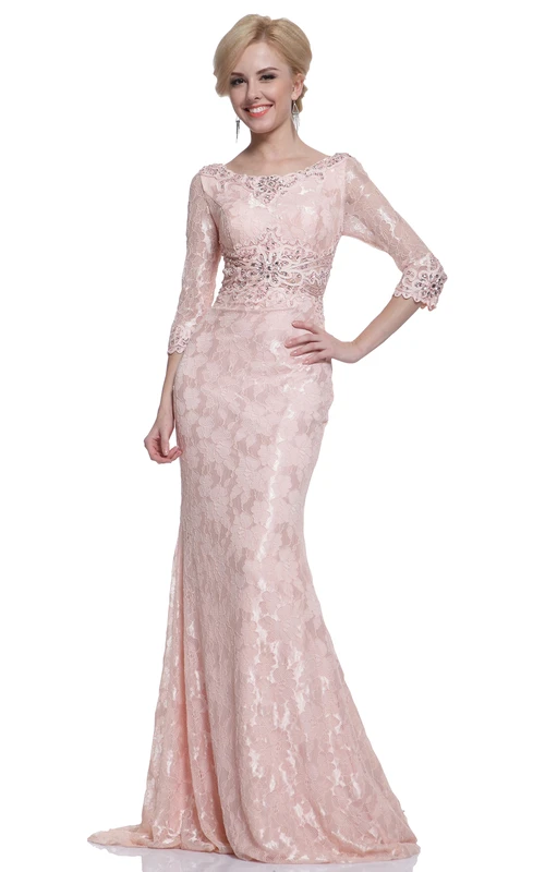 Robe fourreau maxi à col rond, manches mi-longues, traîne en dentelle ornée de perles