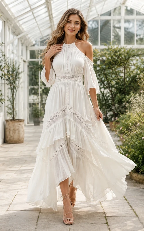 Vestido bohemio blanco de gasa sin mangas con escote halter y volantes en cascada