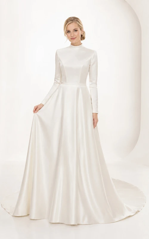 Vestido de novia modesto de crepé de cuello alto y manga larga para la Iglesia de Jesucristo de los Santos de los Últimos Días