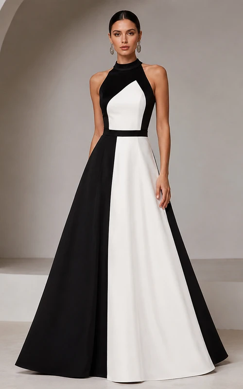 Vestido de noche de satén de corte A con escote halter, sin mangas y pliegues de bloques de color, largo hasta el suelo.