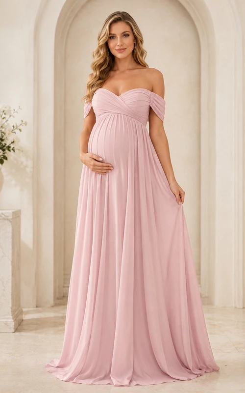 Maternity Empire Formal Off-shoulder A-line Chiffon Floor-length Evening Dress
