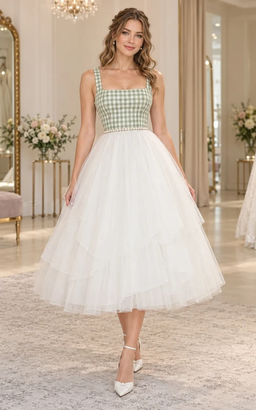 Vestido de novia vintage de corte A con falda acampanada, escote cuadrado, tirantes anchos y falda de tul con volantes, largo hasta la rodilla, estampado de cuadros verdes, estilo vichy vintage.