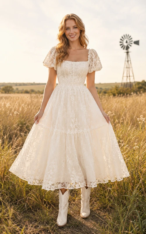 Robe de mariée occidentale en dentelle mi-longue avec manches bouffantes