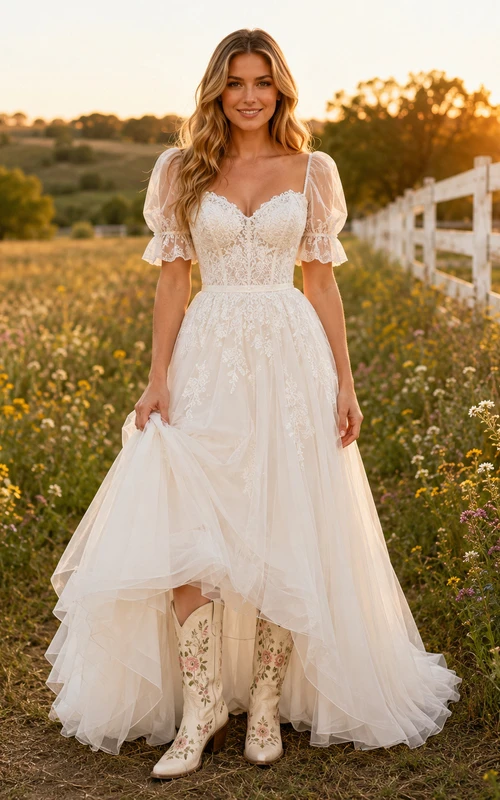 Robe de mariée de maternité, col carré, manches bouffantes, dentelle, coupe trapèze, traîne.