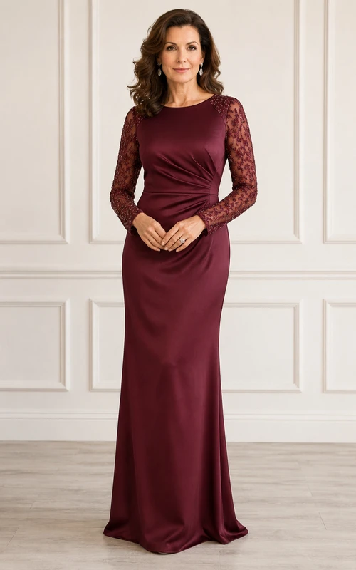 MOB-Kleid, burgunderrot, Jersey, Spitze, Etuikleid, lange Ärmel, Rundhalsausschnitt, bodenlang, gerafft
