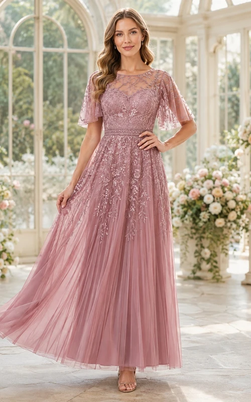 Dusty Rose Flutter Sleeve Bateau Beaded Tulle A-Line Floor-Length Romantic Elegant Mother Dress