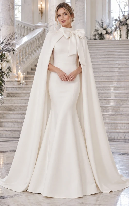 Vestido de novia largo tipo capa de crepé con cuello alto y lazo, sencillo, ideal para invierno.