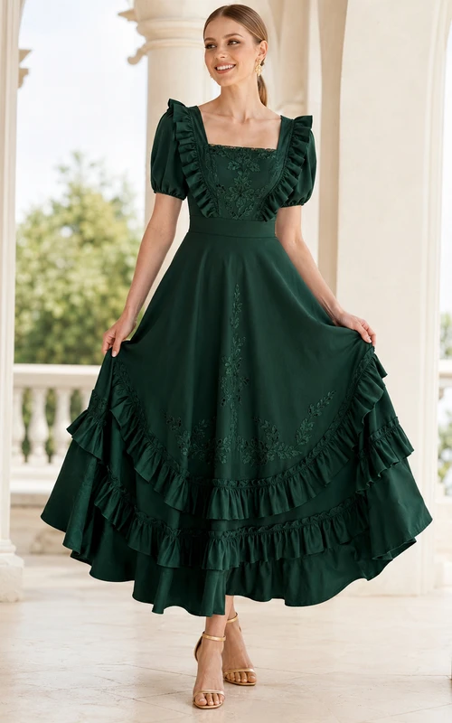 Country-Kleid in Dunkelgrün, A-Linie, asymmetrischer Schnitt, eckige Puffärmel und Rüschen