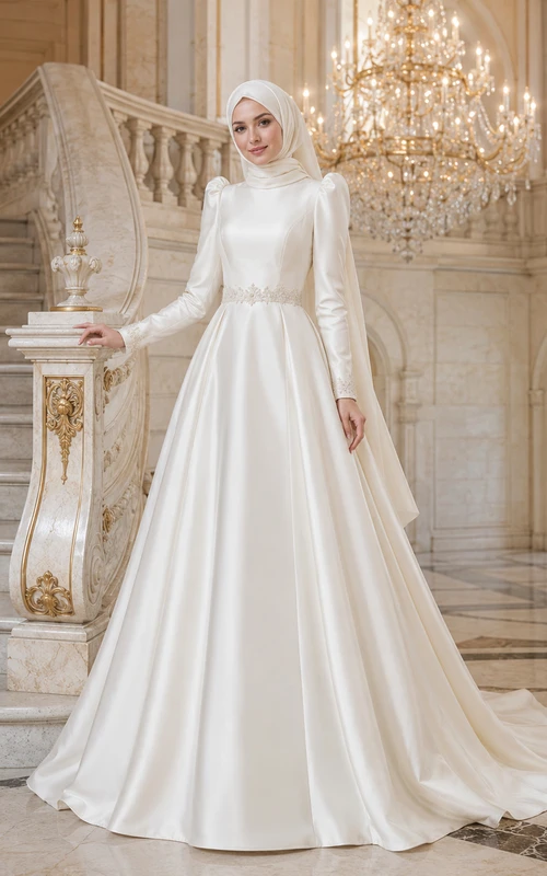Vestido de novia de satén musulmán modesto con mangas largas.