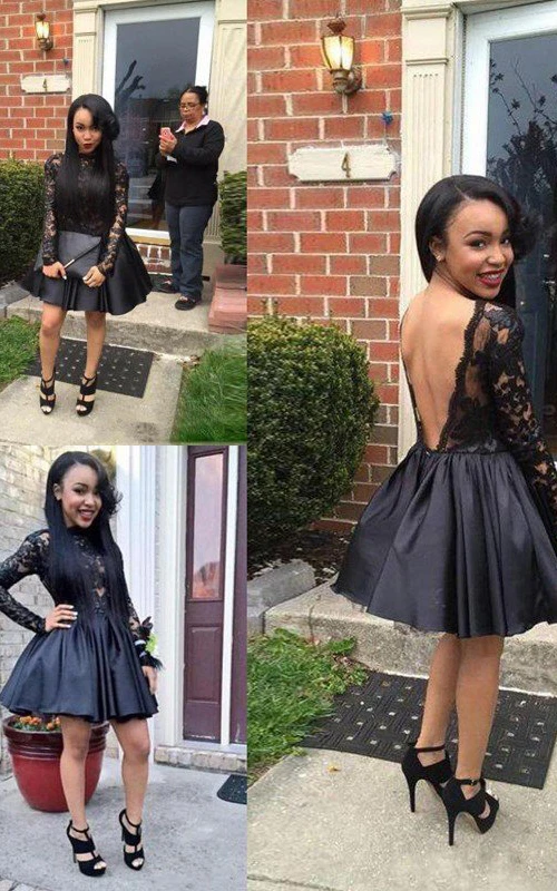 Kurzes Mini-Abendkleid in A-Linien-Optik mit langen Ärmeln, Taftspitze, hohem Kragen, tiefem V-Ausschnitt am Rücken und kurzem Schnitt.