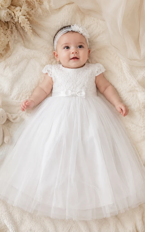 Cap Sleeve Baptism Dress A-Line Tulle Lace Jewel Neck Tea-Length Bow Back