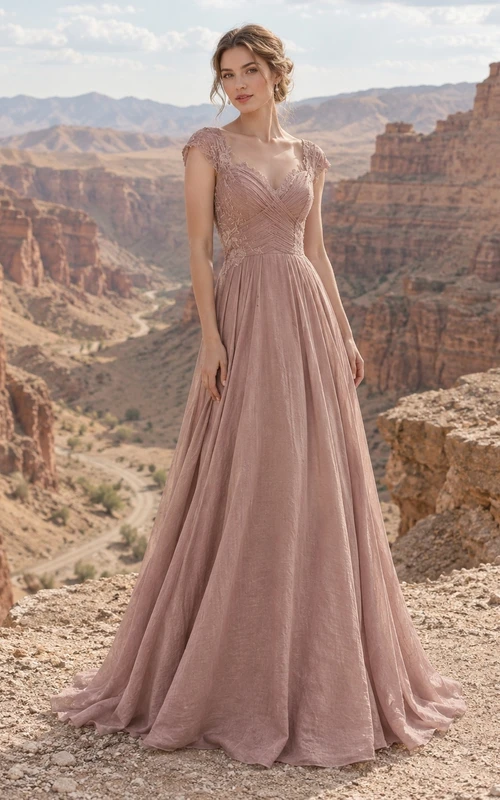 Vestido de novia color rosa empolvado con cuello joya, corpiño de encaje y mangas cortas