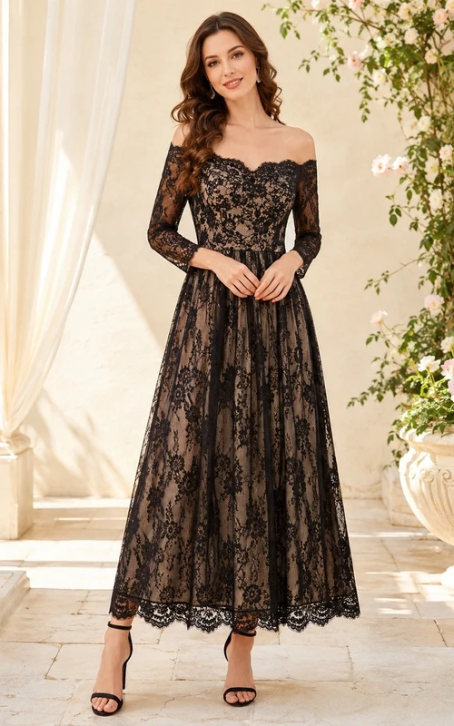 Romantic Black Off-the-shoulder Long Sleeve Lace A-Line Tea-length Dress