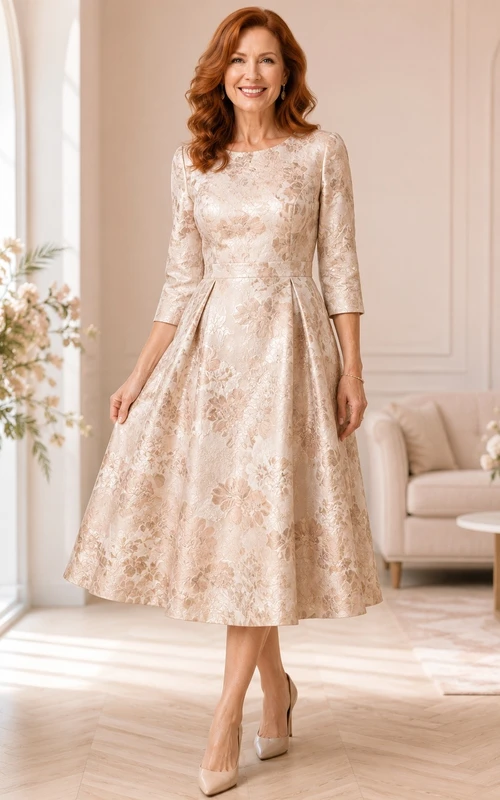 Champagne Floral Jacquard V-neck Three-quarter Sleeve A-line Midi MOB Dress