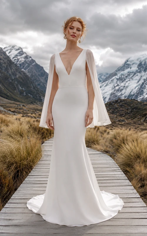 Robe de mariée fourreau en satin et mousseline, décolleté plongeant en V, manches cape et traîne.