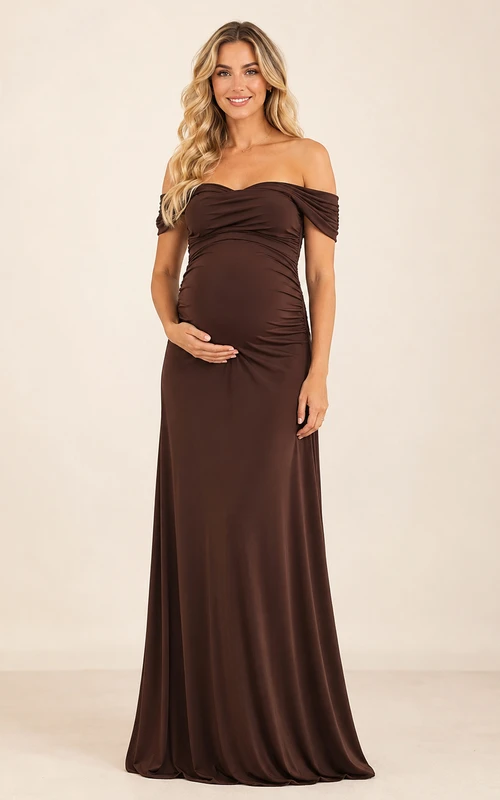 Robe de maternité chocolat à épaules dénudées, manches longues, froncée, en jersey, coupe sirène