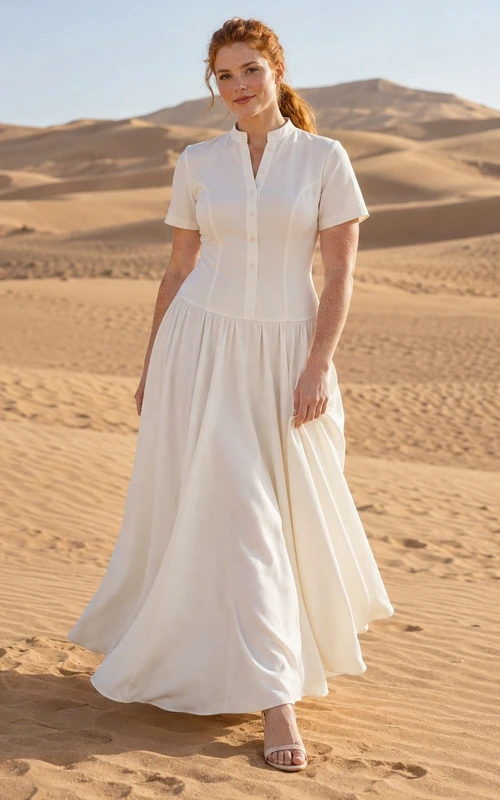 Simple Casual Short Sleeve Collared Button Front Dropped Waist Gathered Wedding Dress