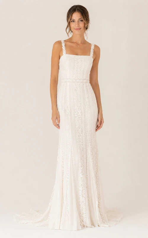 Simple Casual Sheath Wedding Dress Sleeveless Square Neck Lace Floor Length Sweep Train White