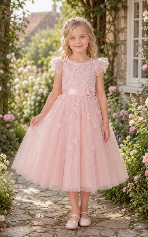 Blumenmädchenkleid aus rosafarbener Spitze und Tüll, A-Linie, Rundhalsausschnitt, Teelänge